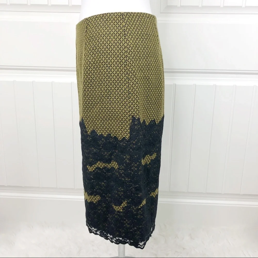 J. Ryu Tweed Black Lace Trim Midi Pencil Skirt 8